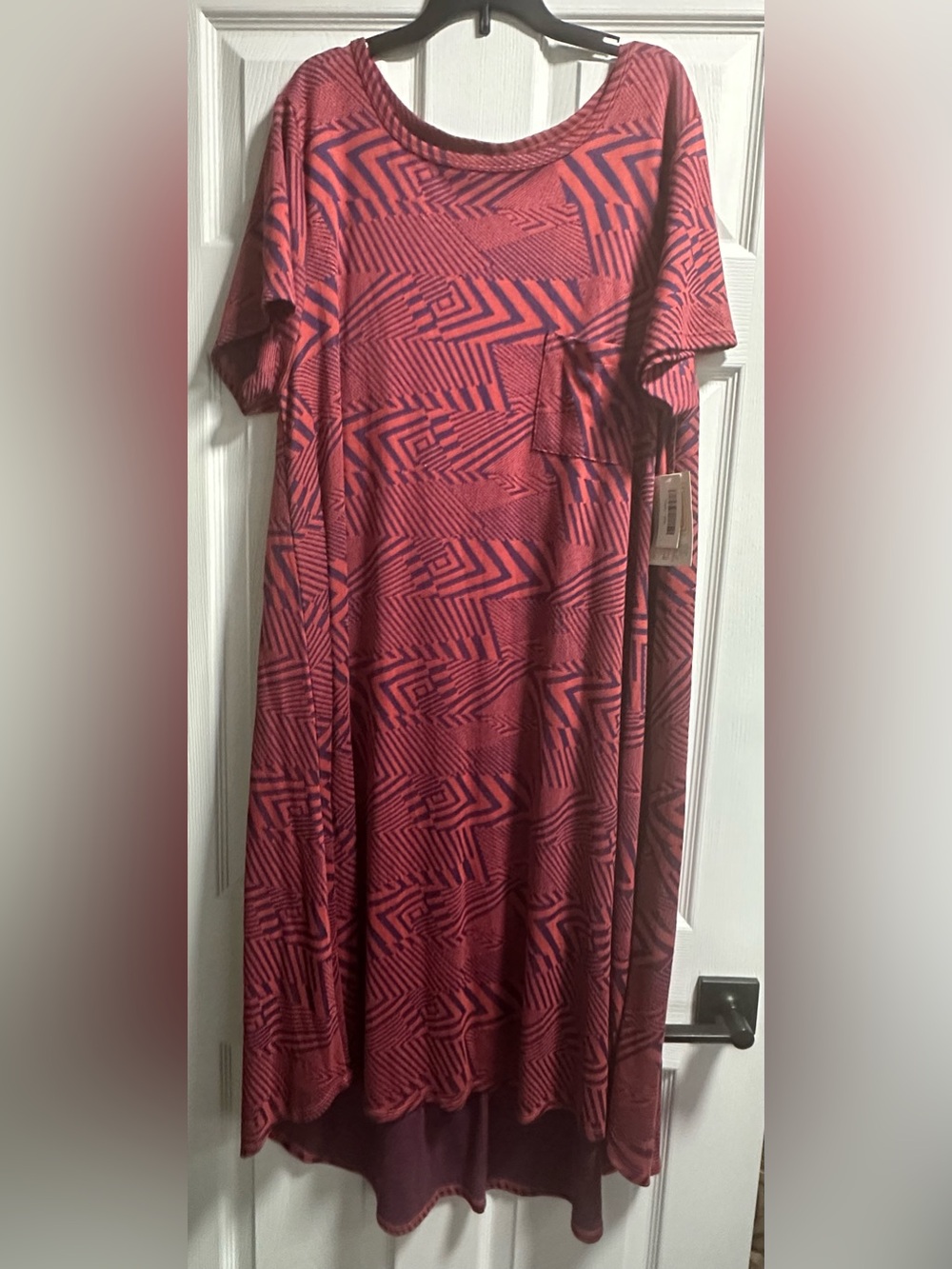 LuLaRoe Carly Red and Navy Geometric Print Dress